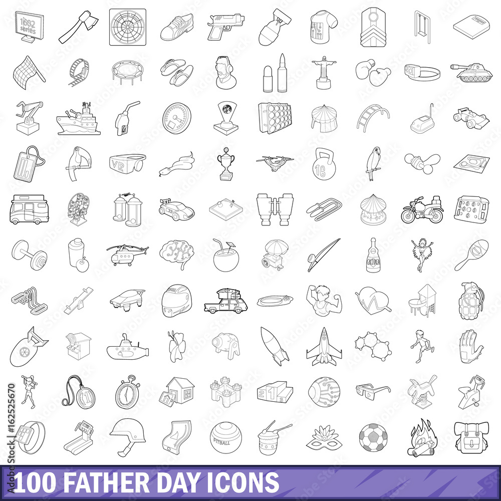 100 father day icons set, outline style