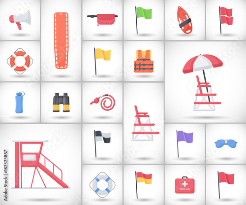 Lifeguard equipment flat vector icons set