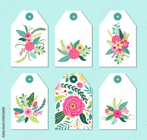 Cute gift tags set with rustic hand drawn spring flowers