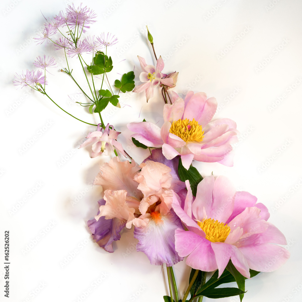 Delicate background of tree-like peony, iris and wild flowers bouquet, top view.