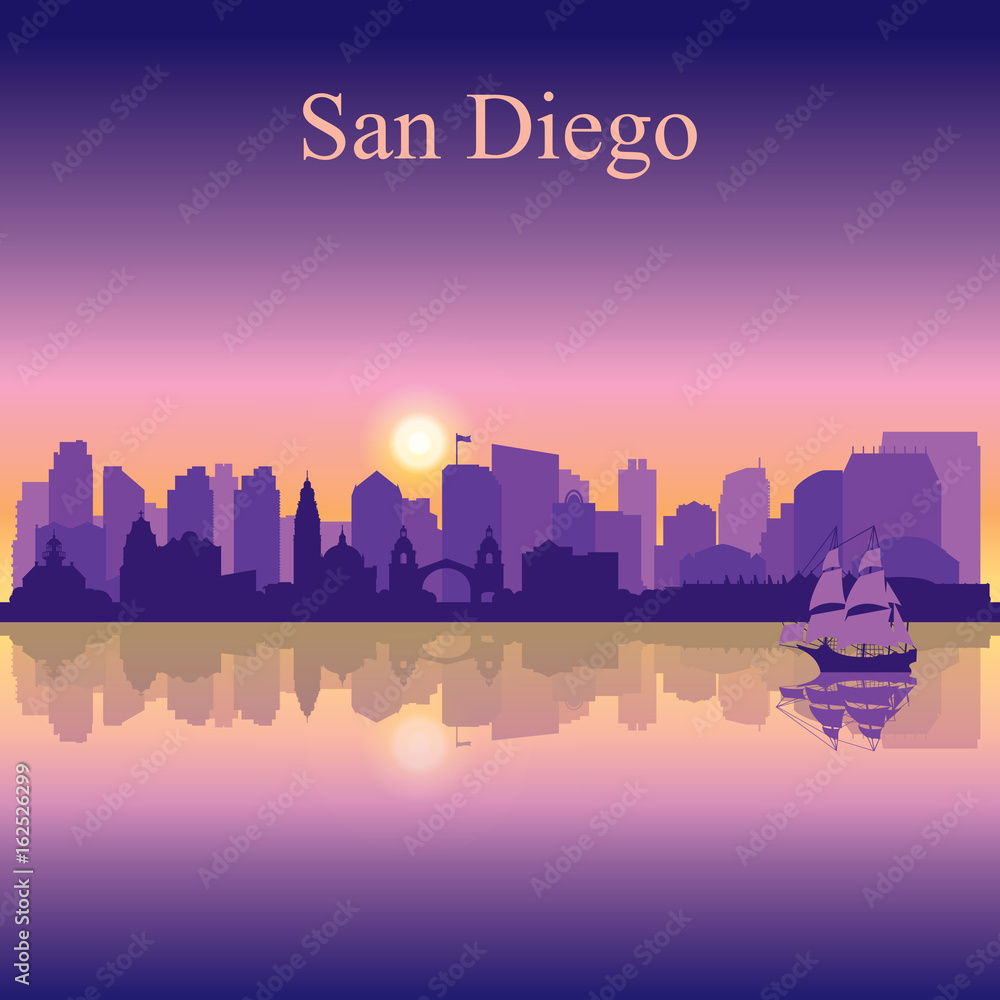 San Diego silhouette on sunset background