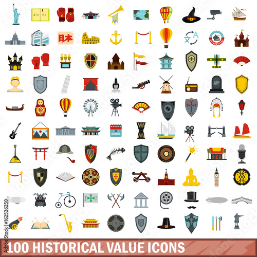 100 historical value icons set, flat style