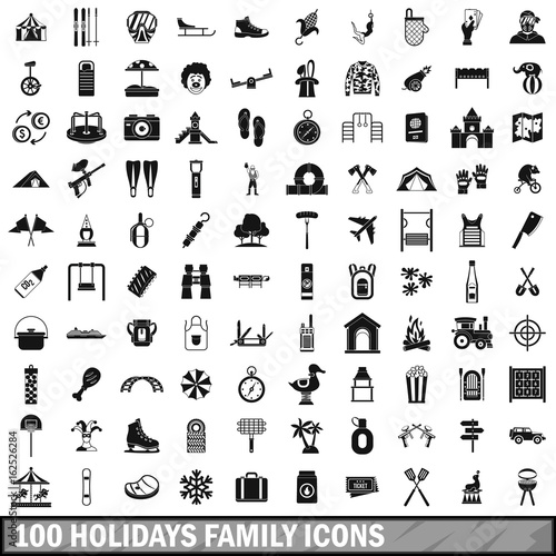 100 holidays family icons set, simple style 