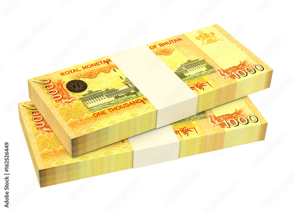 Bhutanese ngultrum bills isolated on white background. 3D illustration. Bhutanese ngultrum bills isolated on white background. 3D illustration.
