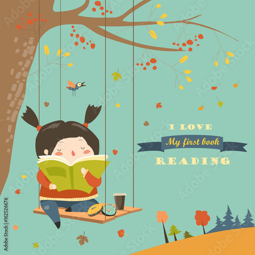 Cute girl swinging and reading a book in autumn park