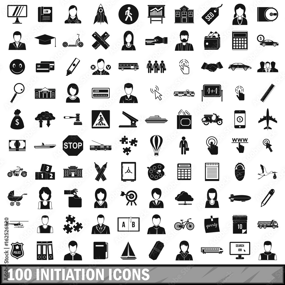 100 initiation icons set, simple style 