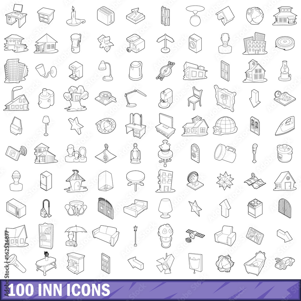 100 inn icons set, outline style