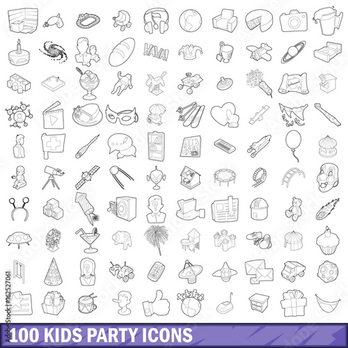 100 kids party icons set, outline style