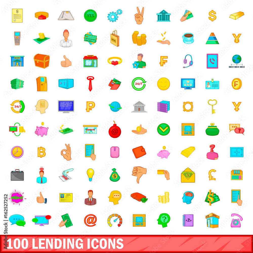 100 lending icons set, cartoon style 100 lending icons set, cartoon style