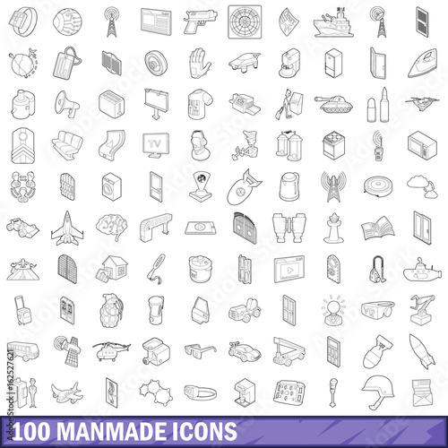 100 manmade icons set, outline style