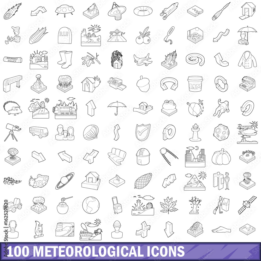 100 meteorological icons set, outline style