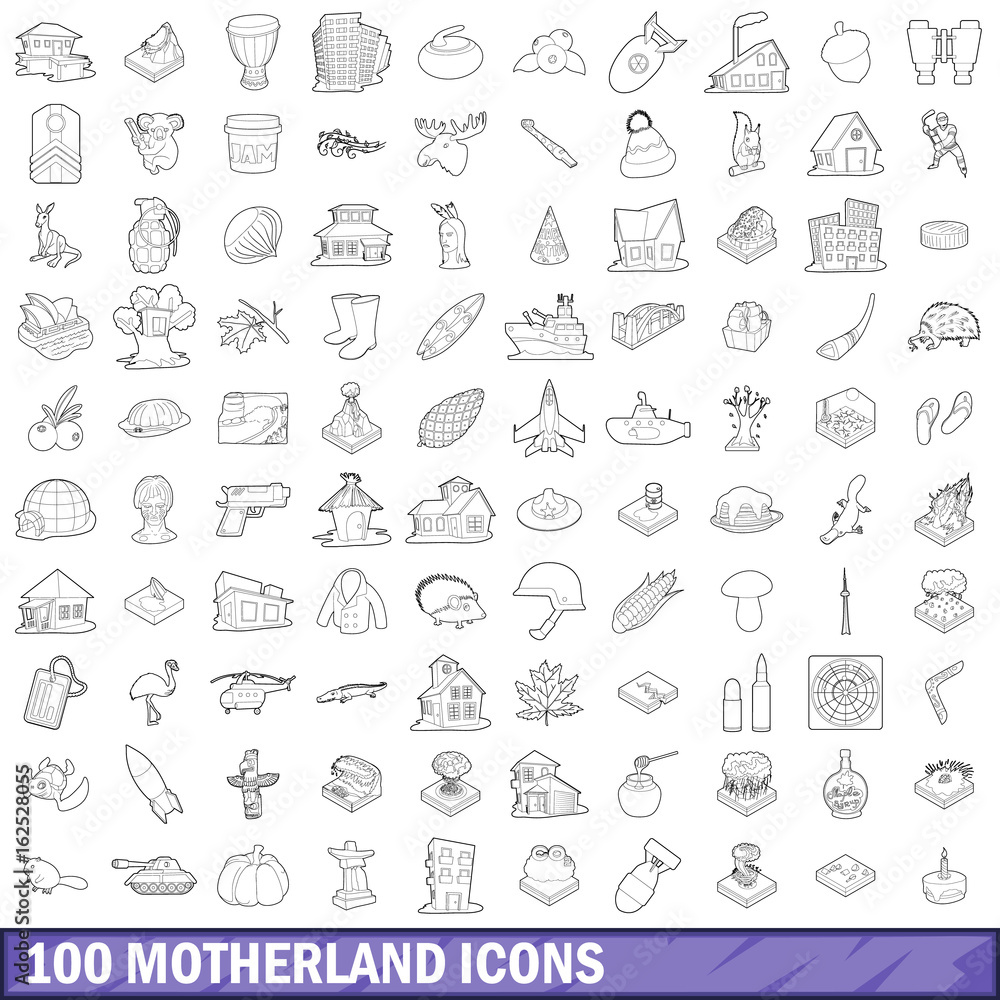 100 motherland icons set, outline style 100 motherland icons set, outline style