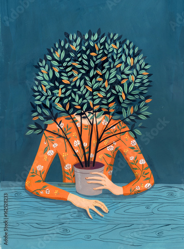 Woman with plant in flower pot in front of face