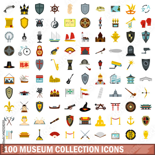 100 museum collection icons set, flat style