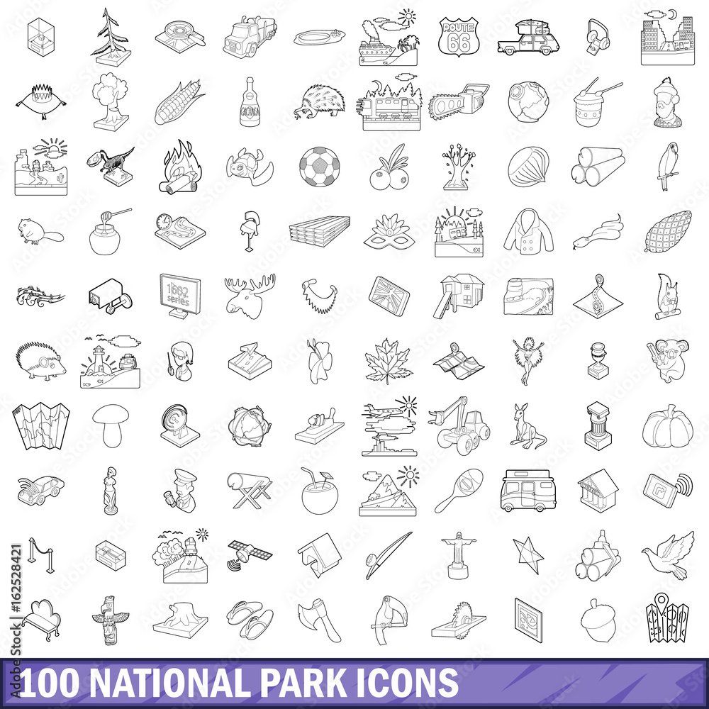 100 national park icons set, outline style 100 national park icons set, outline style