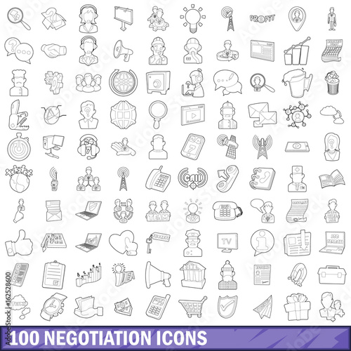 100 negotiation icons set, outline style