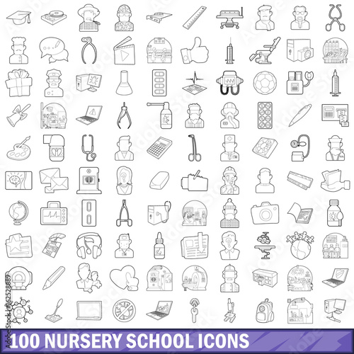 100 nursery school icons set, outline style