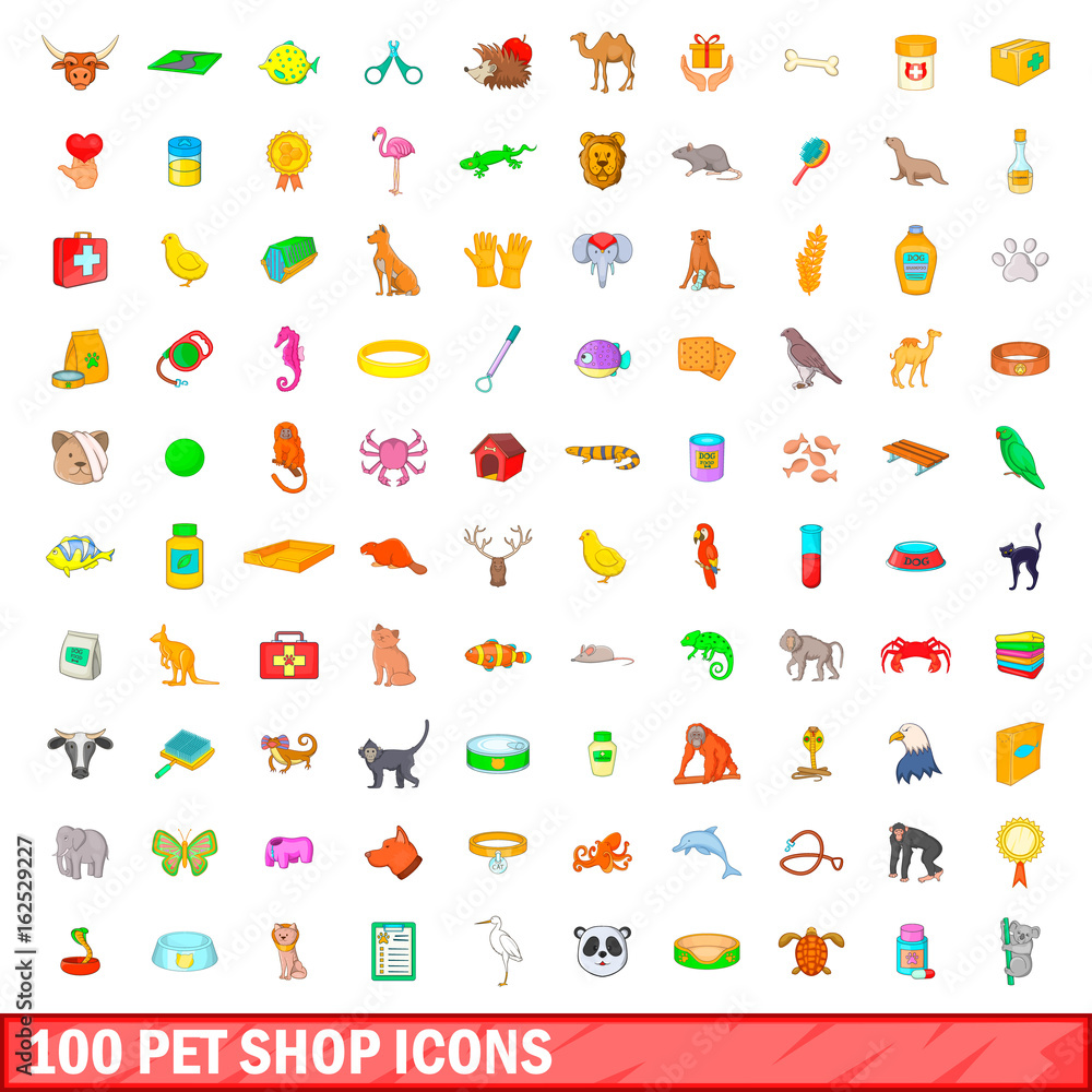 Fototapeta premium 100 pet shop icons set, cartoon style