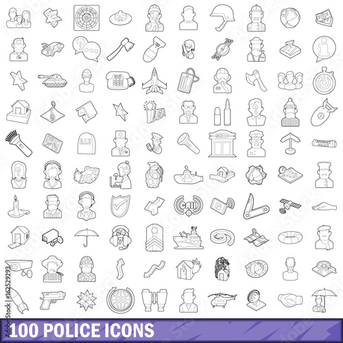100 police icons set, outline style