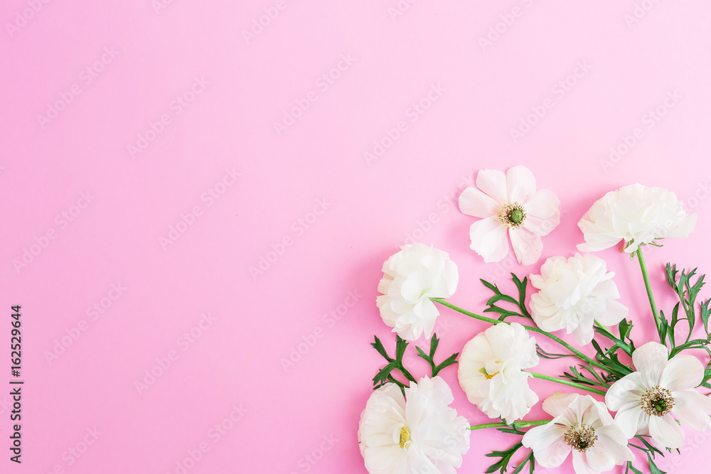 White flowers on pink background. Floral pattern. Flat lay, top view.