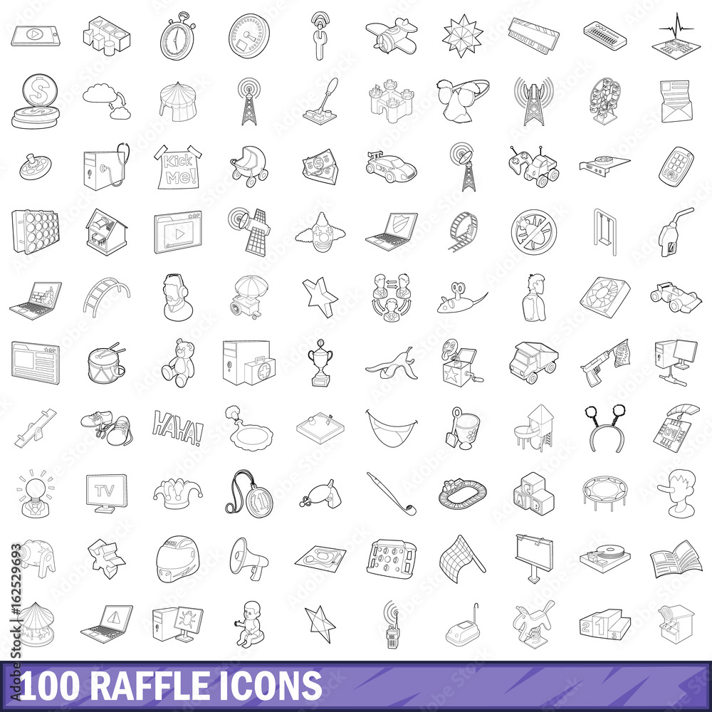 100 raffle icons set, outline style 100 raffle icons set, outline style