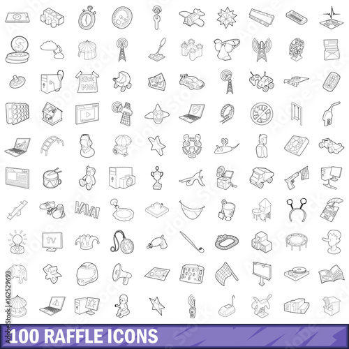 100 raffle icons set, outline style
