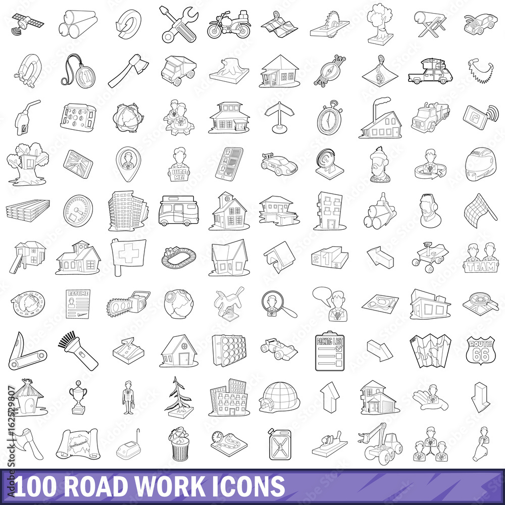 100 road work icons set, outline style 100 road work icons set, outline style