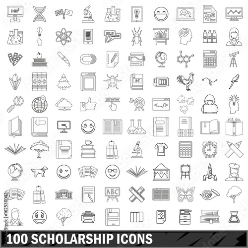 100 scholarship icons set, outline style