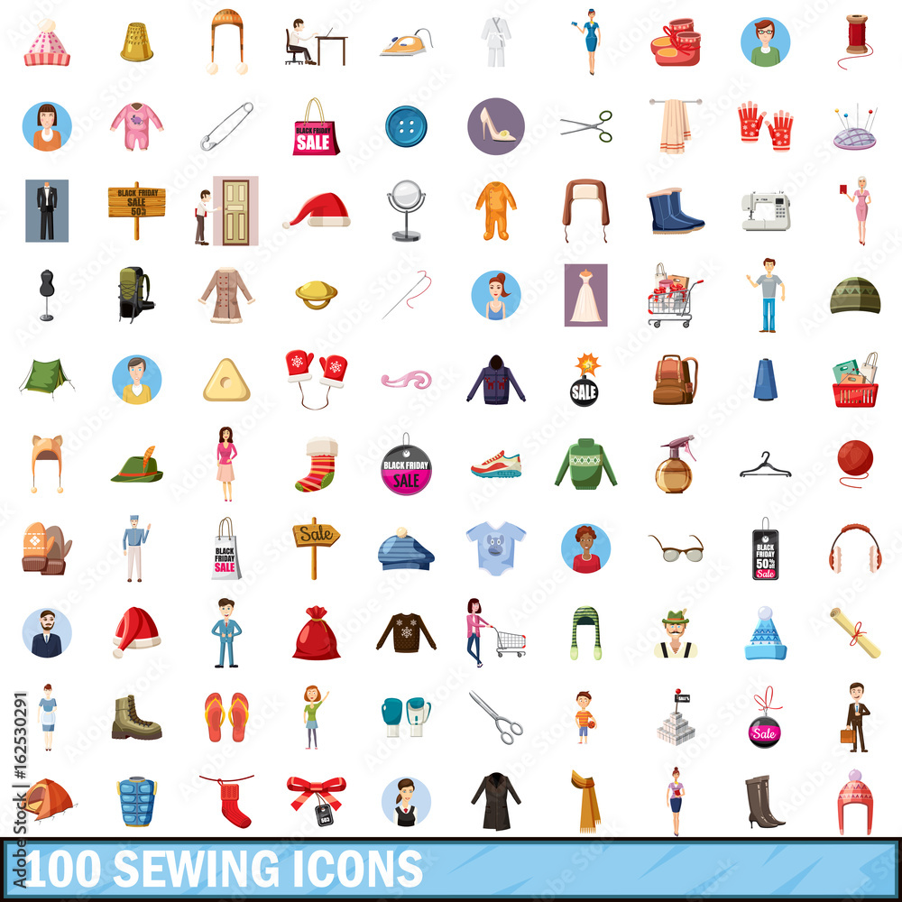 100 sewing icons set, cartoon style 100 sewing icons set, cartoon style