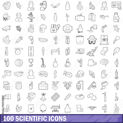 100 scientific icons set, outline style
