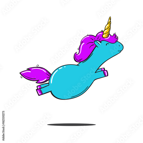 Fatty cartoon blue unicorn with pink hair, isolated on white background Rasterized copy