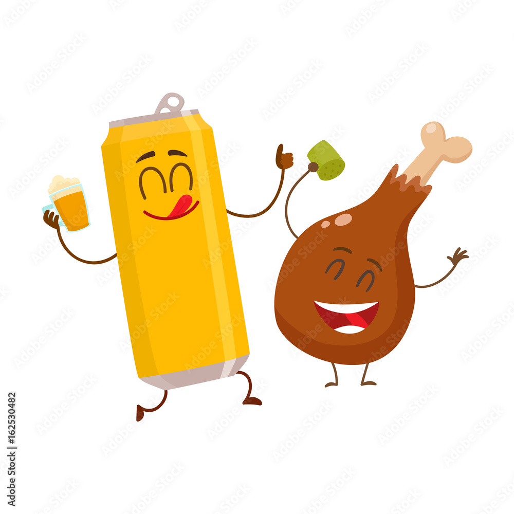 Funny alumium beer can and fried chicken leg characters having fun, cartoon  vector illustration isolated on white background. Funny smiling beer can  and chicken leg, drumstick having party together Stock Vector |