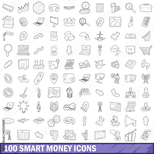 100 smart money icons set, outline style