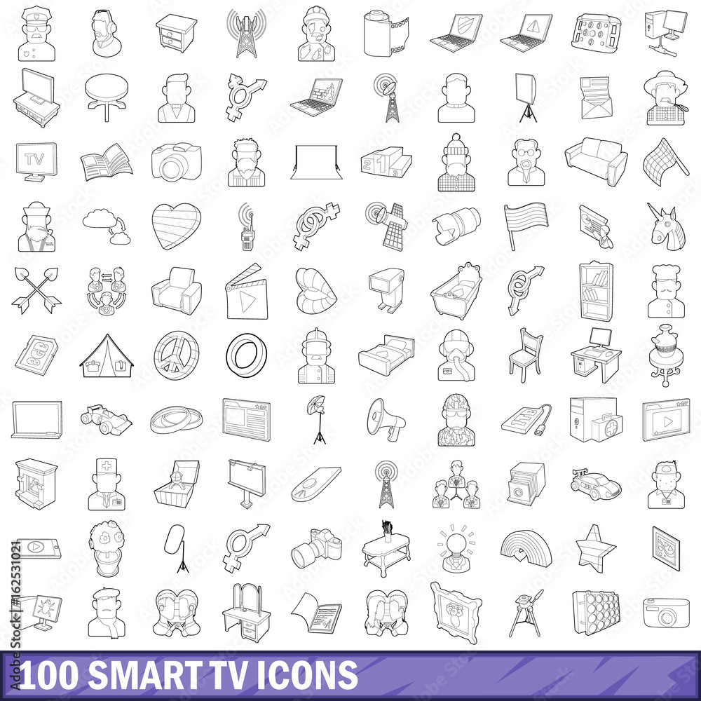 100 smart tv icons set, outline style 100 smart tv icons set, outline style