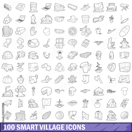 100 smart village icons set  outline style