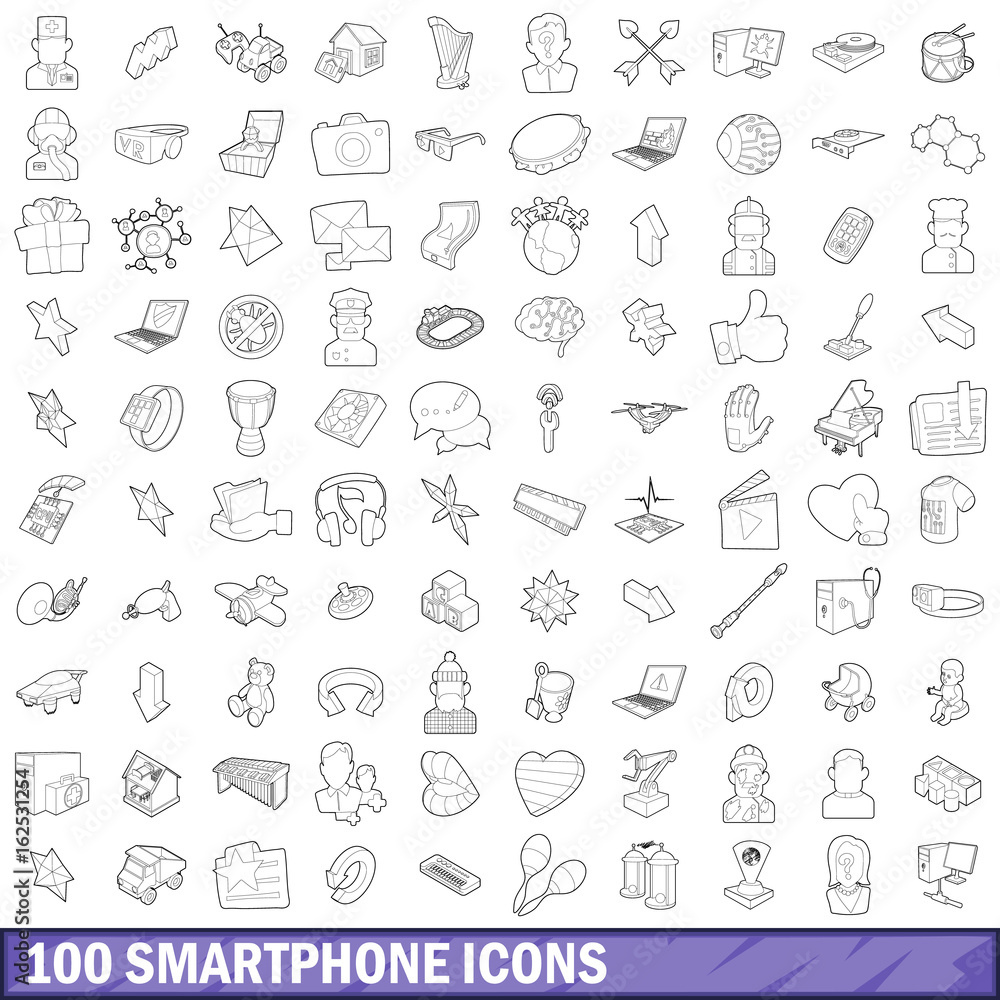 100 smartphone icons set, outline style 100 smartphone icons set, outline style