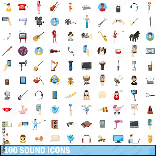 100 sound icons set, cartoon style