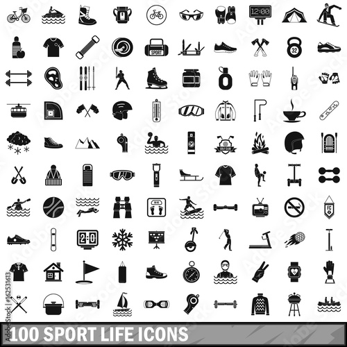 100 sport life icons set, simple style 