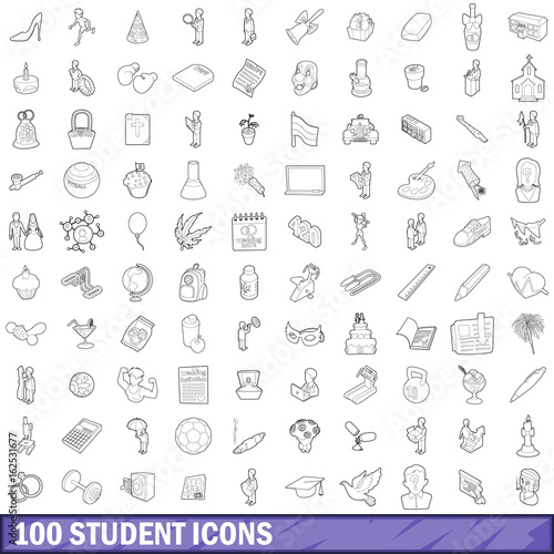 100 student icons set, outline style