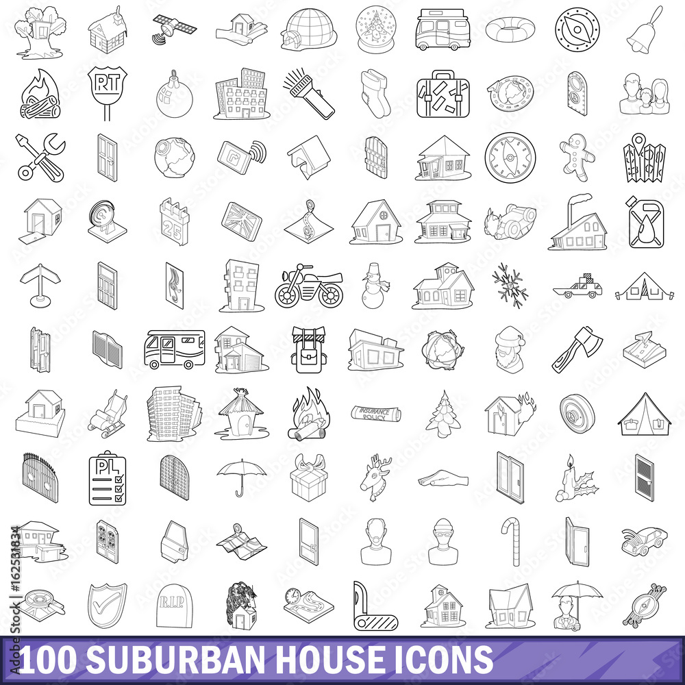 100 suburban house icons set, outline style 100 suburban house icons set, outline style