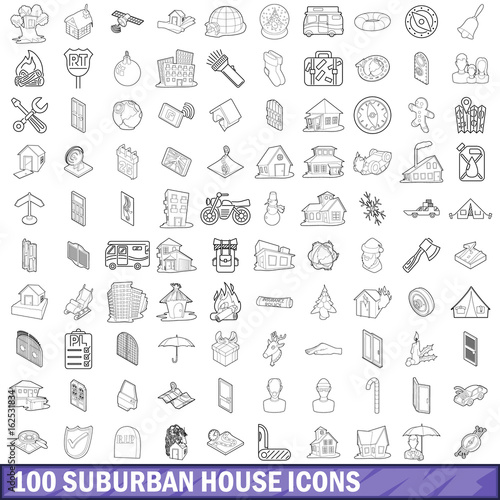 100 suburban house icons set, outline style