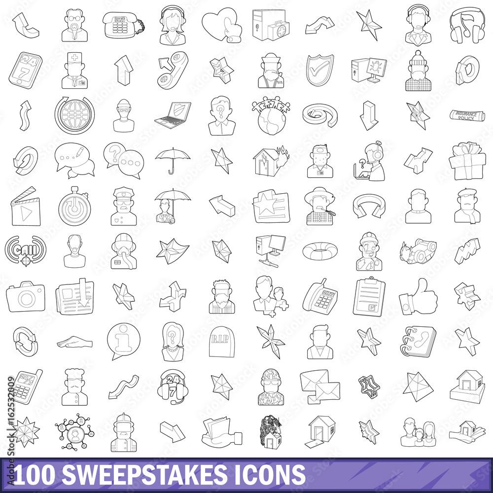 100 sweepstakes icons set, outline style 100 sweepstakes icons set, outline style