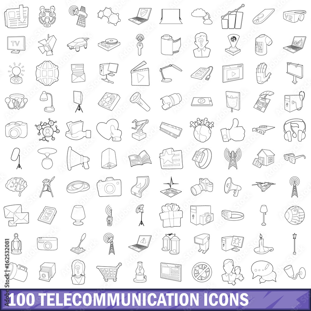 100 telecommunication icons set, outline style