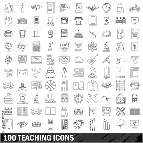 100 teaching icons set, outline style