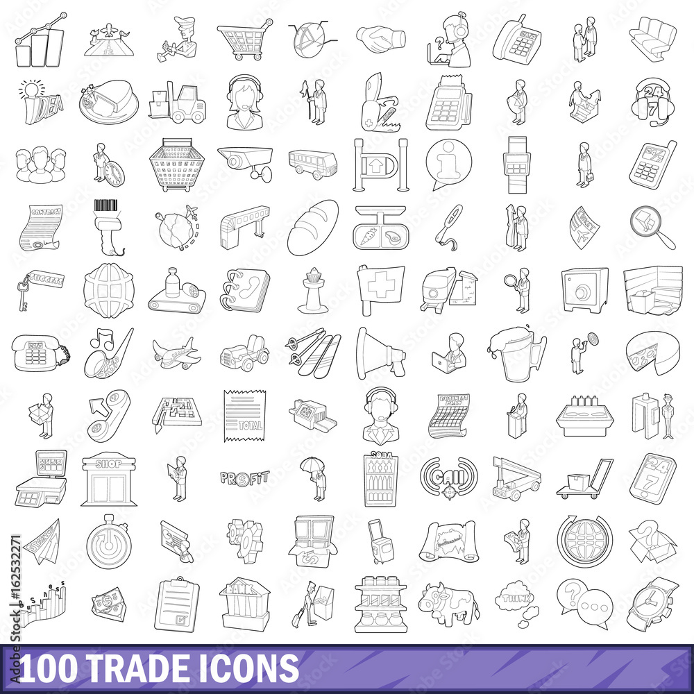 100 trade icons set, outline style 100 trade icons set, outline style