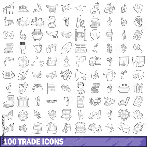 100 trade icons set, outline style