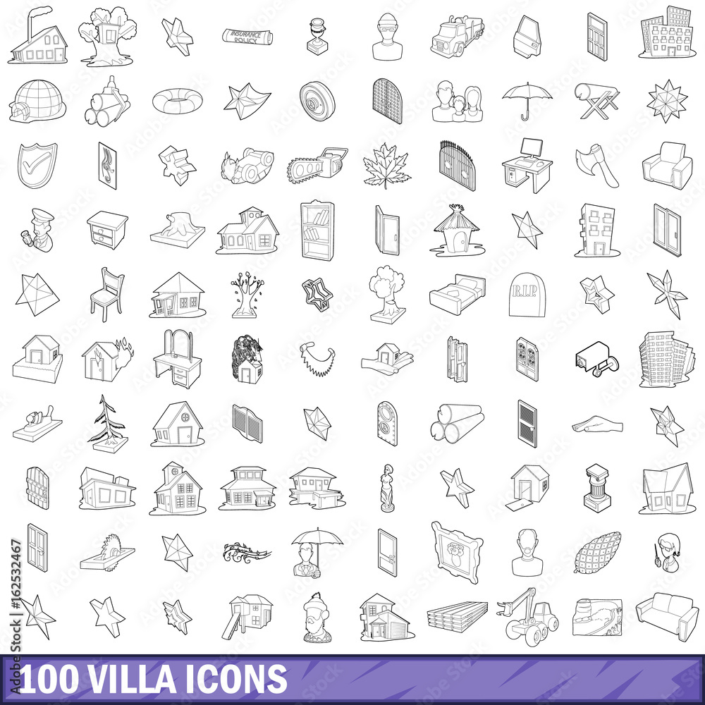 100 villa icons set, outline style 100 villa icons set, outline style