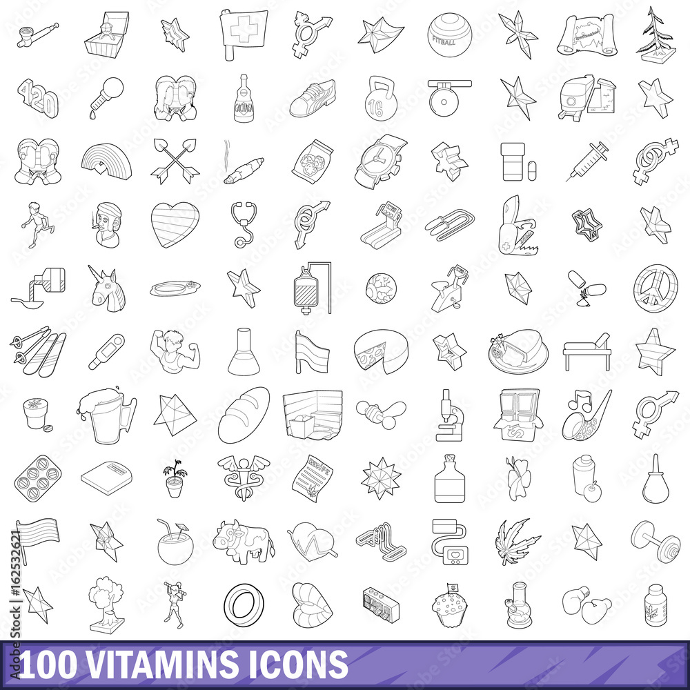 100 vitamins icons set, outline style 100 vitamins icons set, outline style
