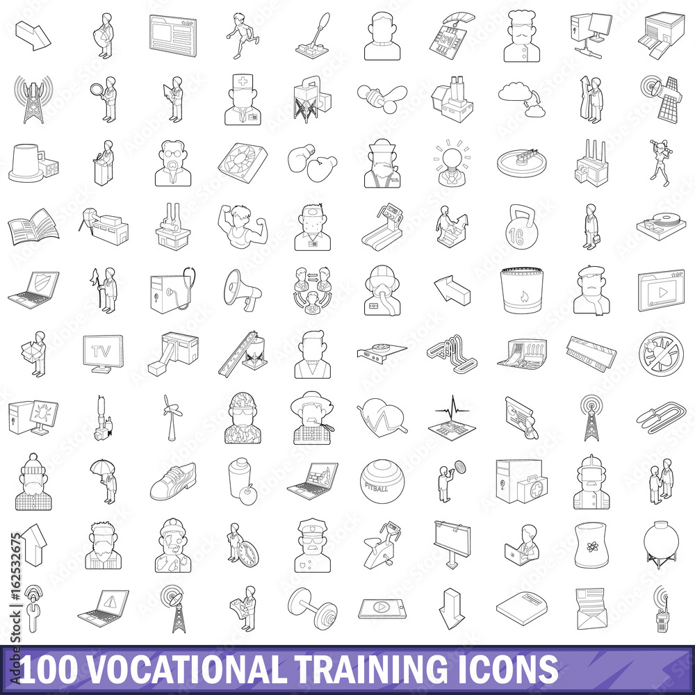 100 vocational training icons set, outline style 100 vocational training icons set, outline style