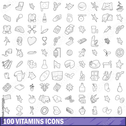100 vitamins icons set, outline style